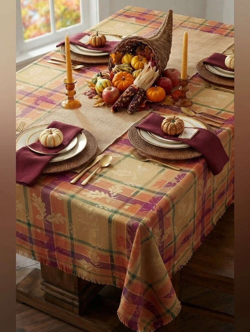 ​Autumn Plaid Tablecloth 82x59 Harvest Fall Leaf Jacquard 100% Cotton Rectangle